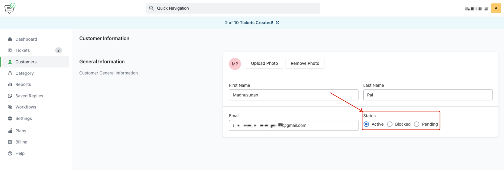 Change Customer Status (Active, Blocked, Pending)
