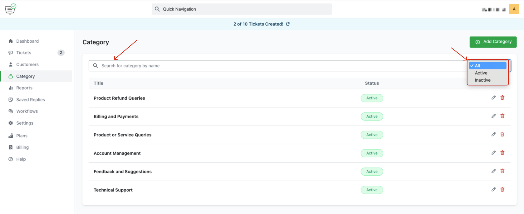 Search and Sort Categories by Status