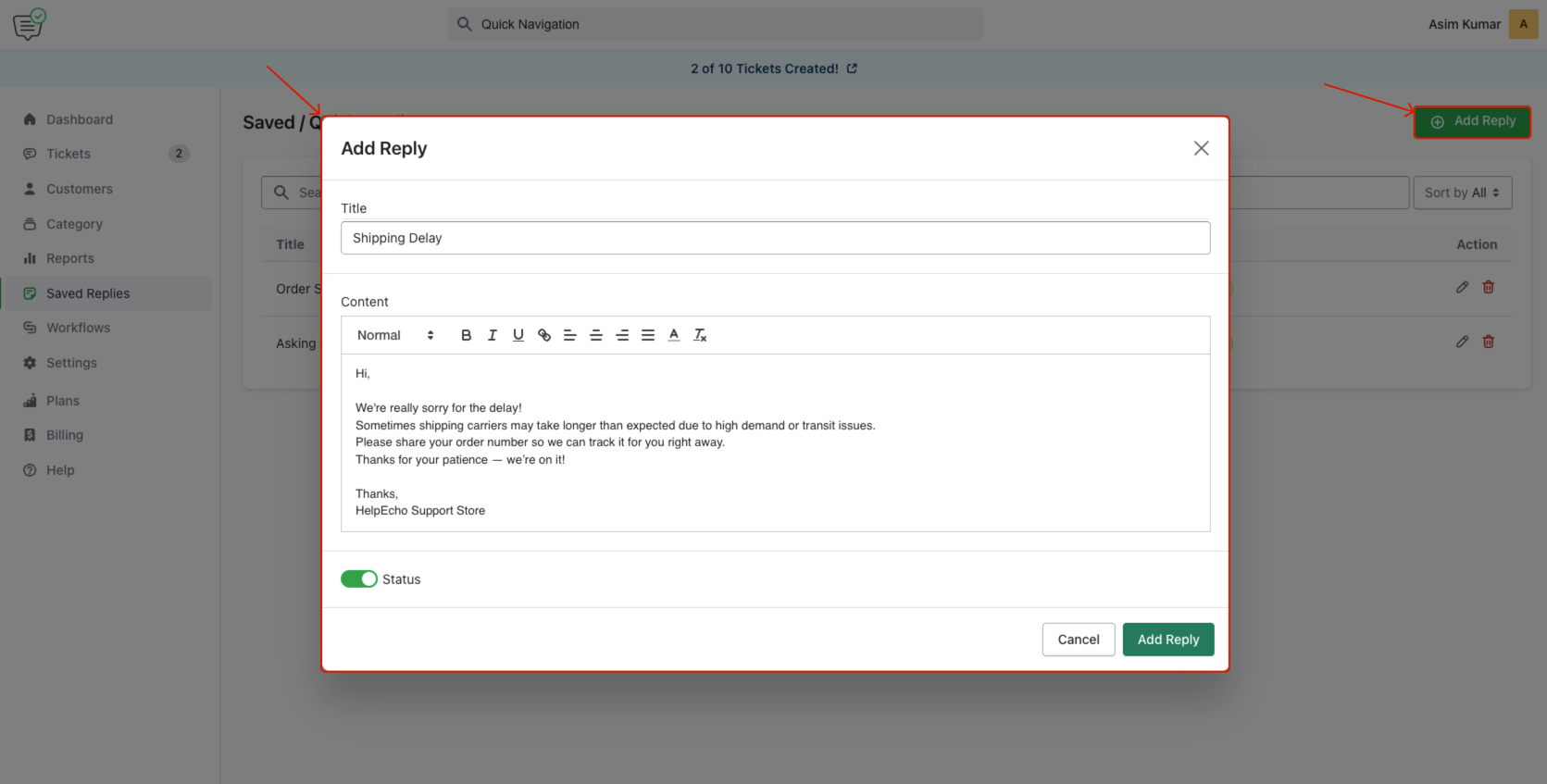 Add New Saved/Quick Reply