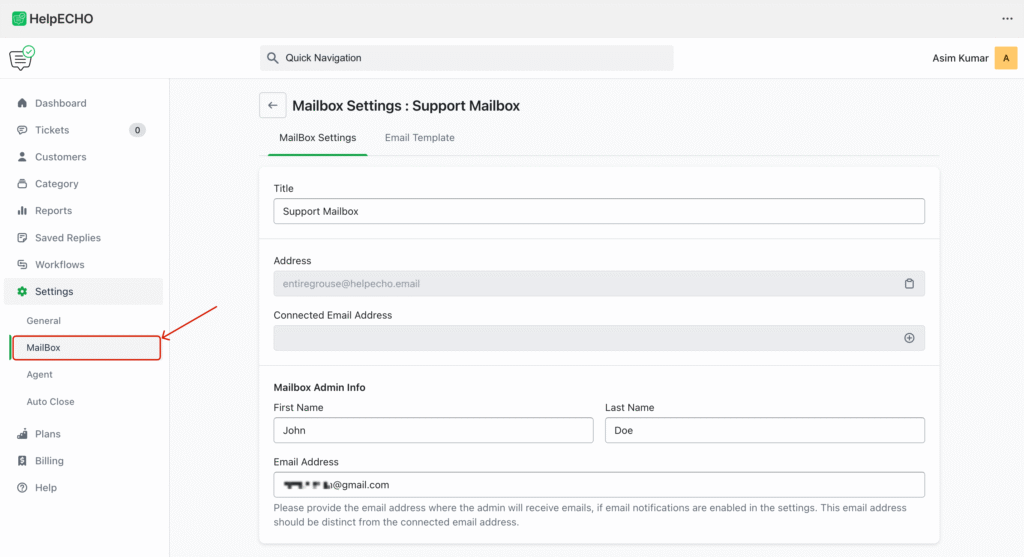 Configure Mailbox Admin Info